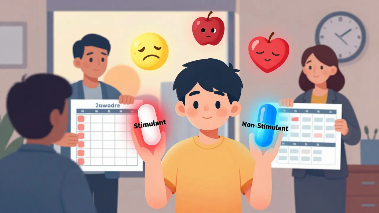 A teen choosing between stimulant and non-stimulant medication, with behavioral tools like schedules and a setting sun indicating proper dosing time.