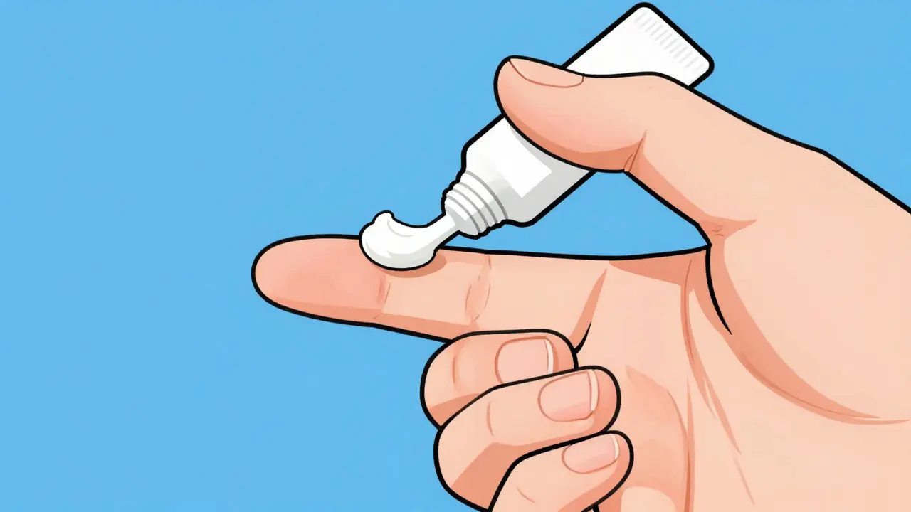 Adult finger squeezing line of cream for measurement.