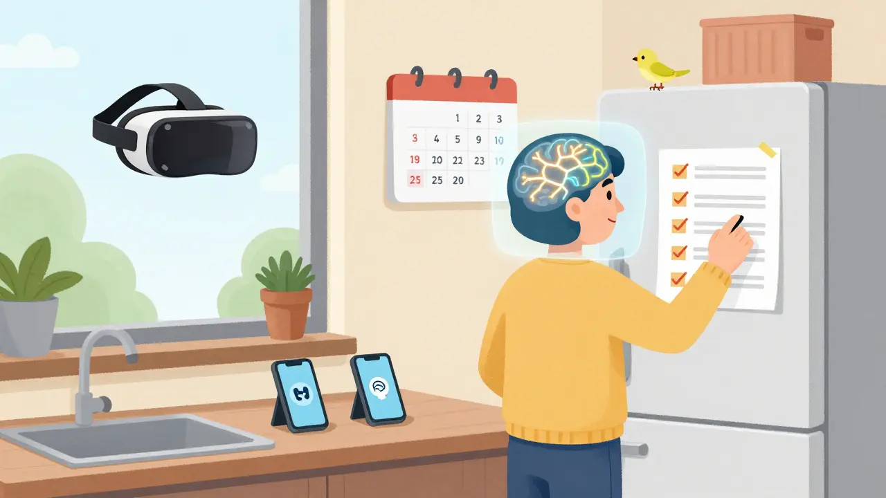 An adult using daily organizational tools like phone alarms and checklists, with glowing neural pathways symbolizing improved brain function.