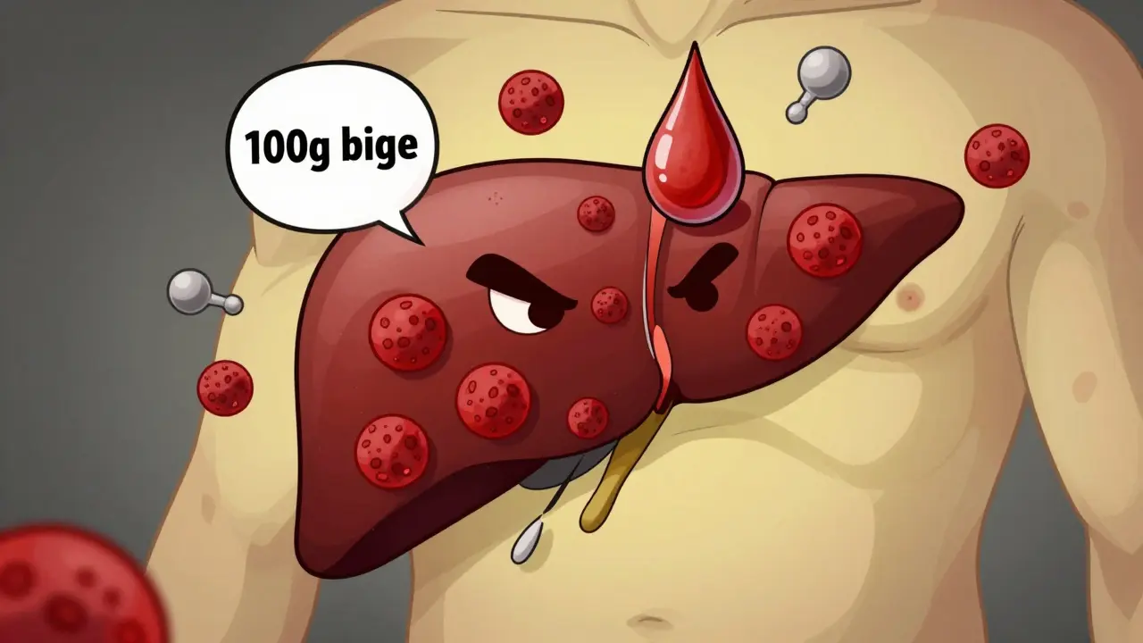 An inflamed liver under attack by immune cells, with jaundice and swelling subtly visible in the background.