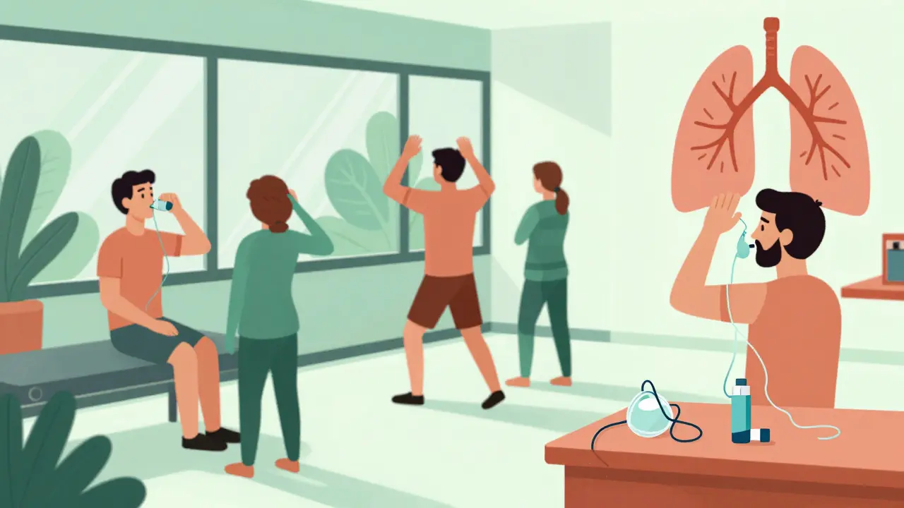 Cartoon depiction of patient doing breathing exercises during rehab.