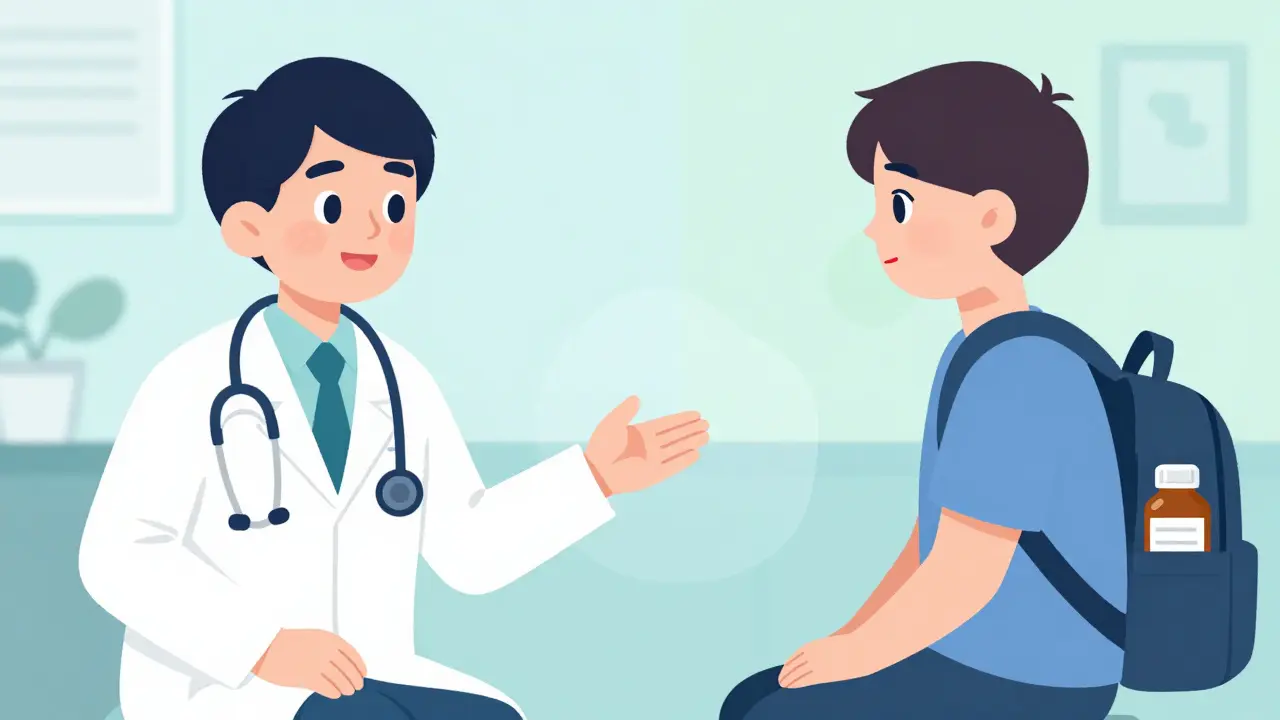 Cartoon patient hiding supplements from a doctor during visit.