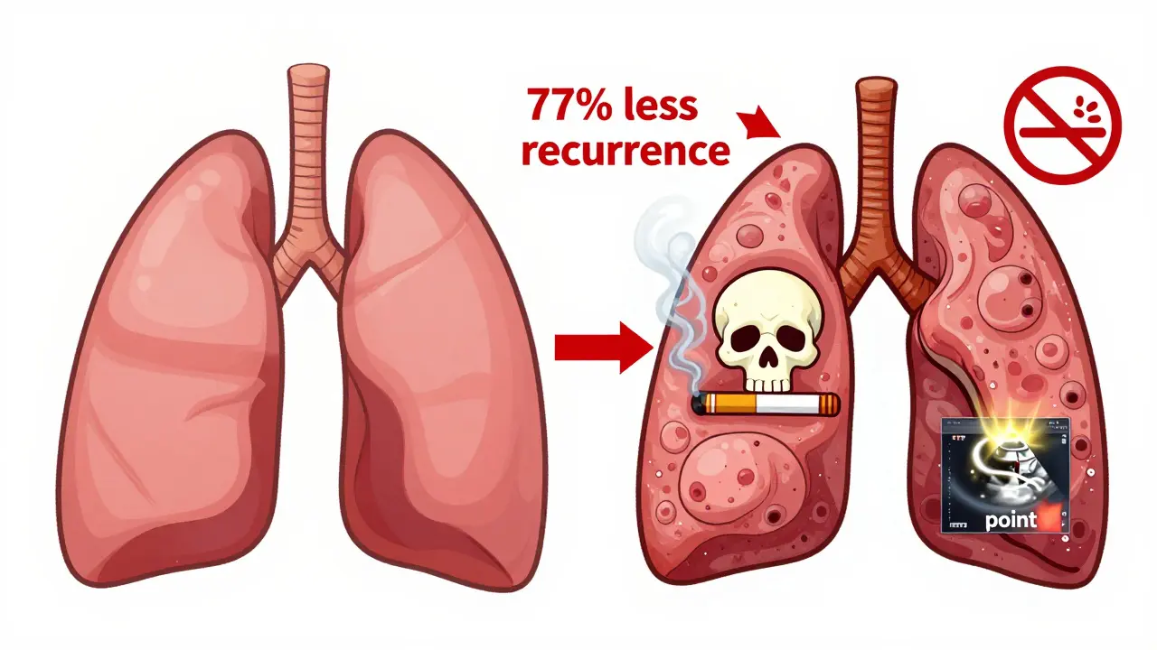 Contrast between healthy and collapsed lung with smoking-induced blebs, and a 77% reduction arrow pointing to quitting smoking as prevention.