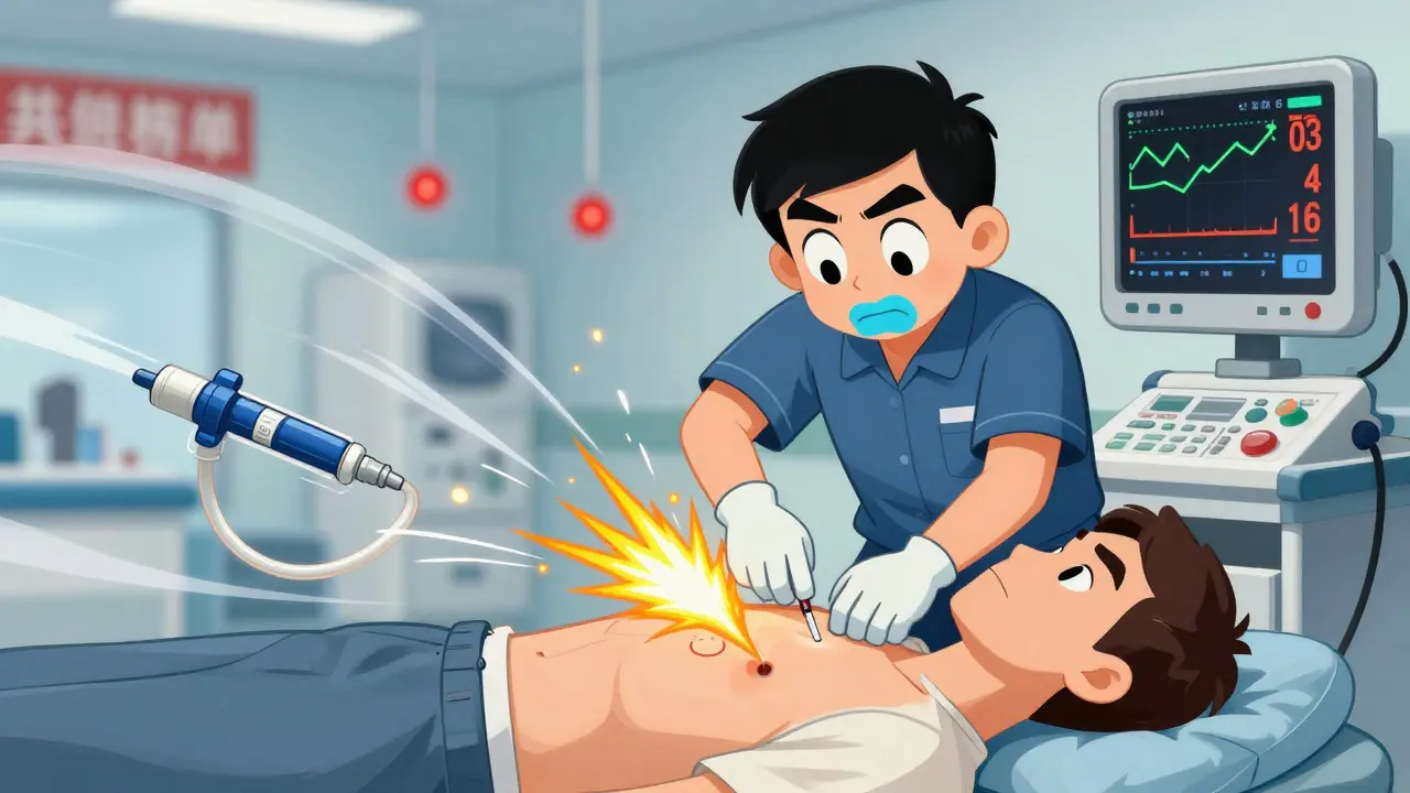 Emergency needle decompression for tension pneumothorax, with dramatic air release, crashing vitals, and urgent medical action depicted in cartoon illustration.