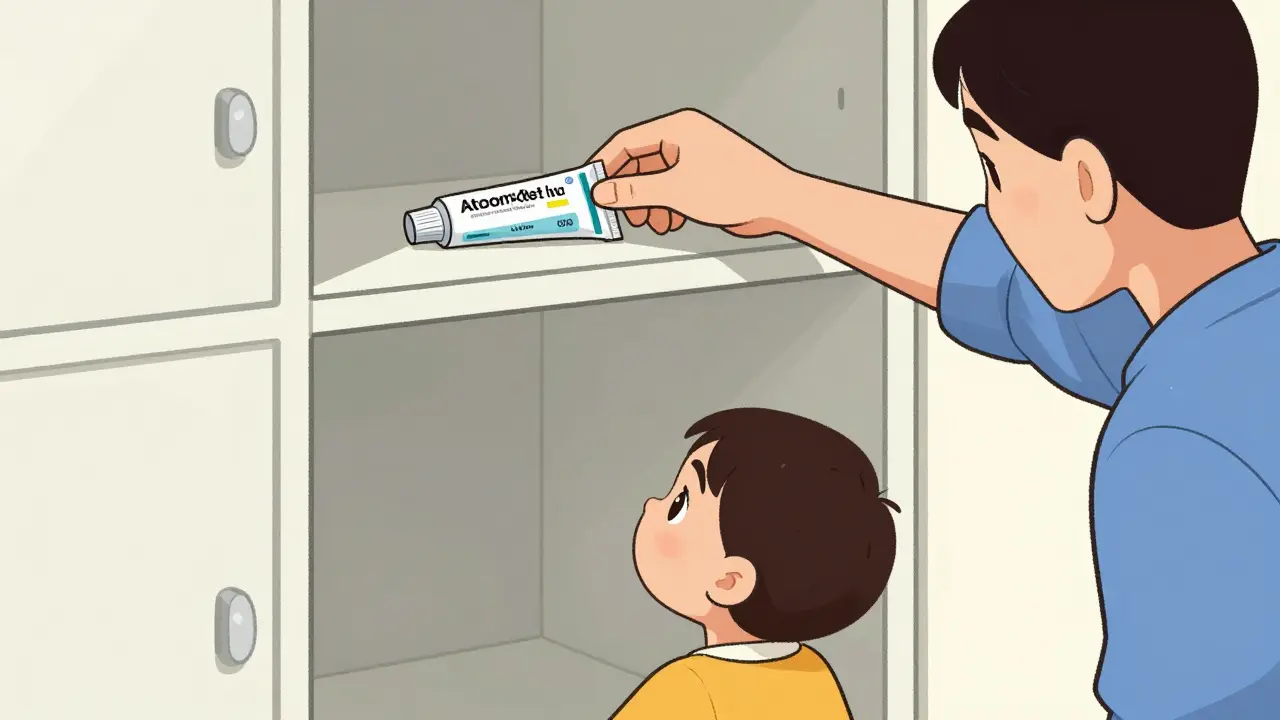 Parent storing medicine tube high on shelf away from child.