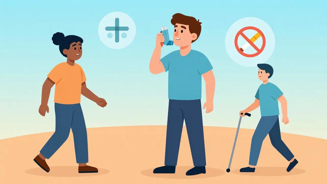 Patient using inhaler with exercise and no smoking symbols.