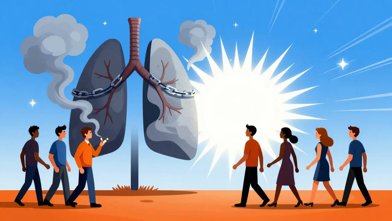 Retro art showing a person choosing between smoking and healthy living.