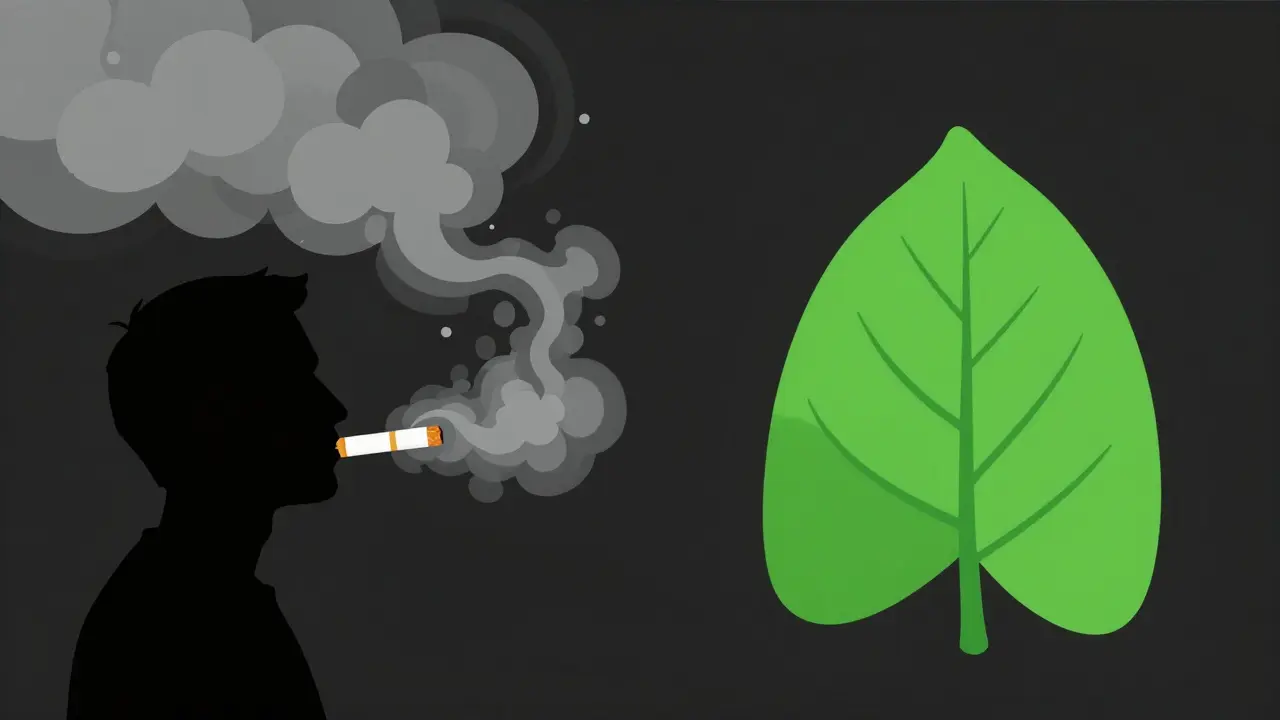 Smoker silhouette exhaling smoke clouds contrasting with a green leaf.