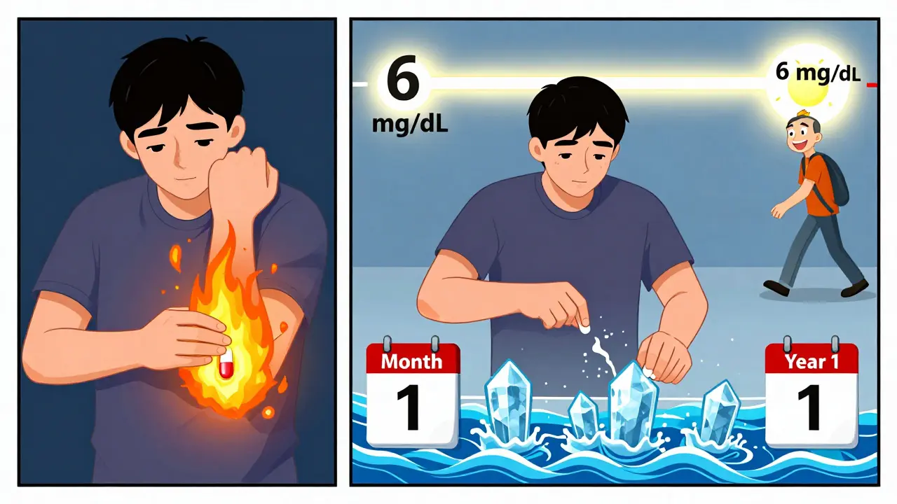 Two panels: one showing a person stopping gout medication during a flare, the other continuing treatment as crystals dissolve over time.