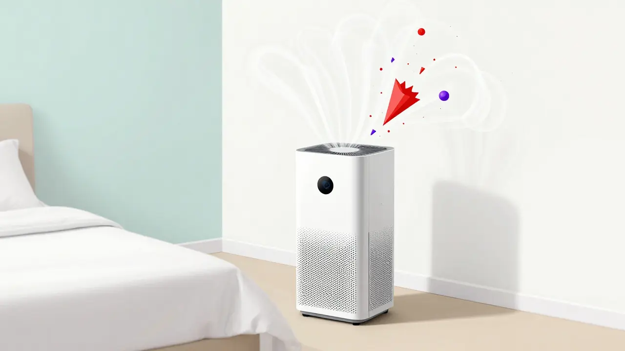 A HEPA air purifier in a bedroom filtering out colorful pollution particles in a stylized art style.