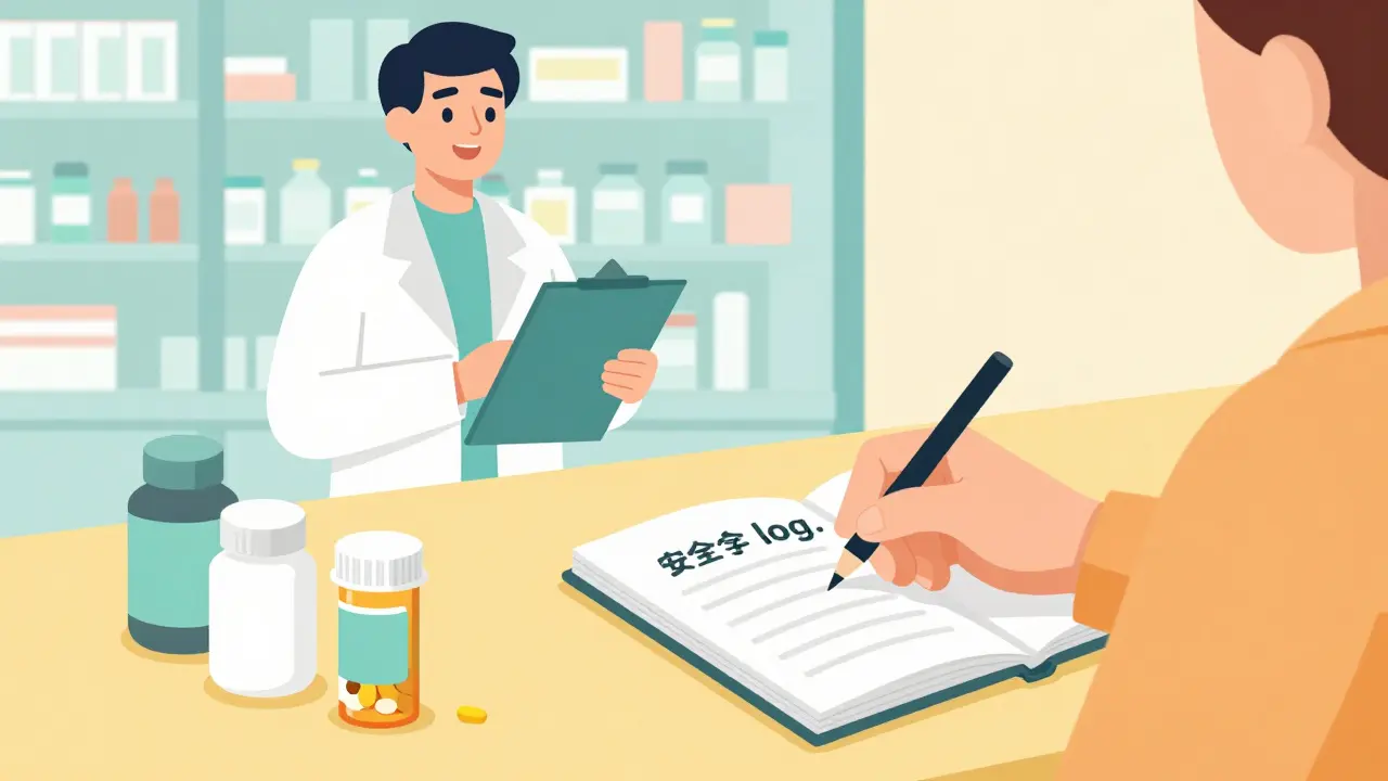 A person keeping a medication log on a desk with a pharmacist in the background.