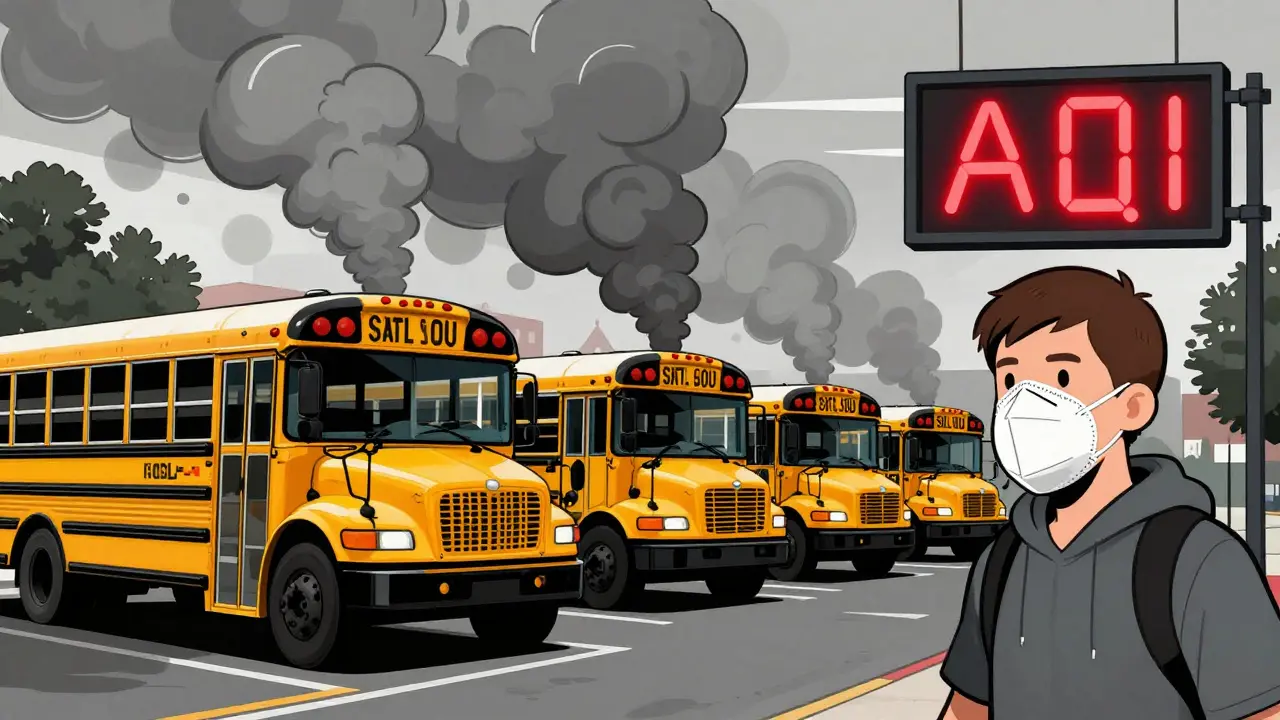 A person wearing an N95 mask walking past idling buses with high air pollution levels.