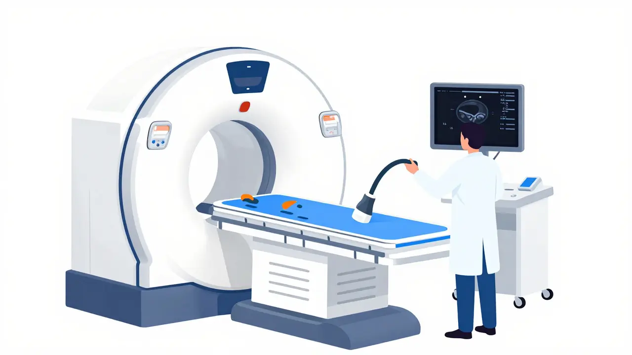 Cartoon depicting a CT scan and endoscopic ultrasound for cancer diagnosis