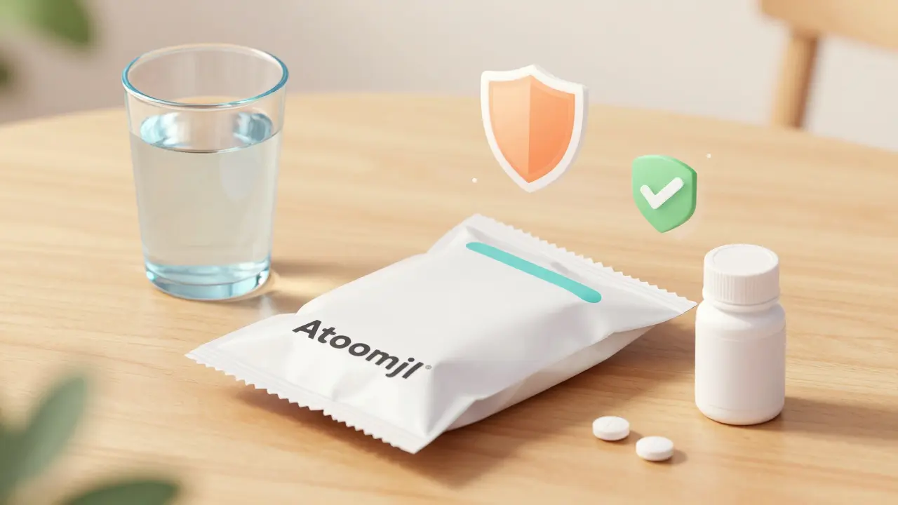 Certified pharmacy package and medication on a table with safety symbols