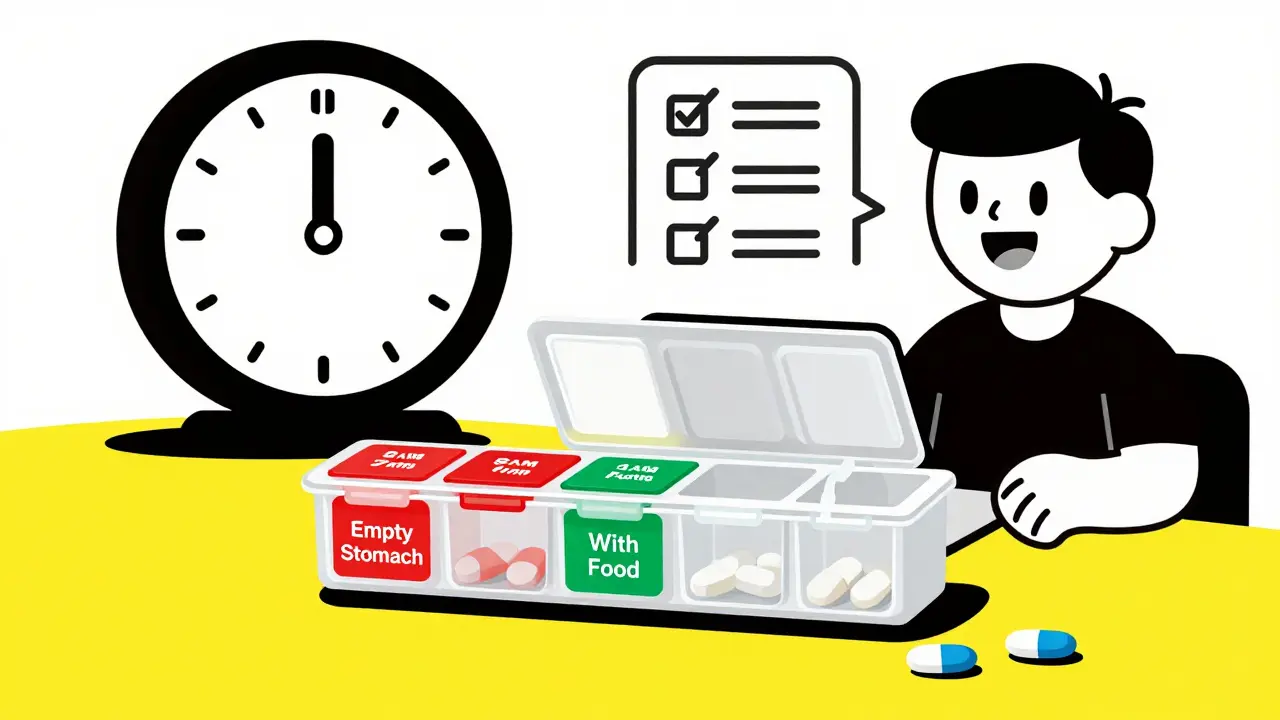Colorful pill organizer with color-coded stickers for medication timing in a graphic style.