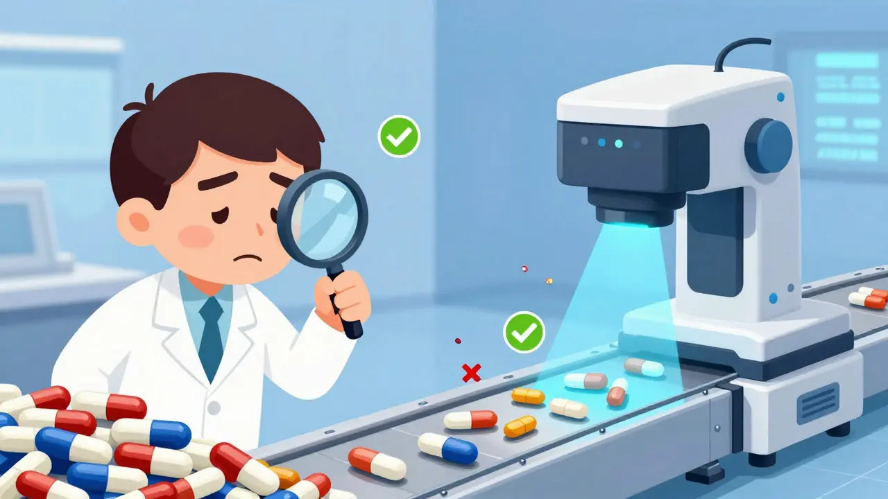 Comparison between a manual inspector and an AI camera system scanning medicine tablets