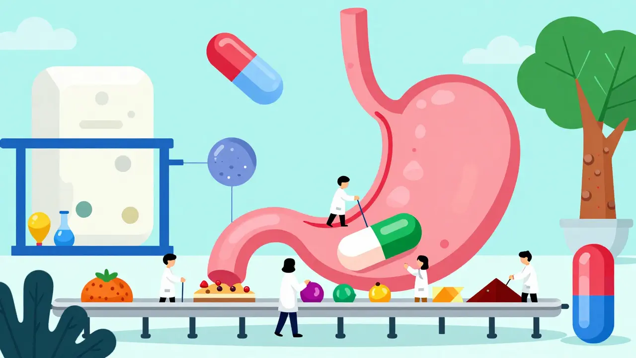 Conceptual illustration of a stomach as a laboratory showing food interfering with pill absorption.