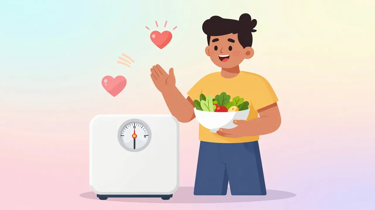 Diverse smiling person holding salad near a weighing scale.