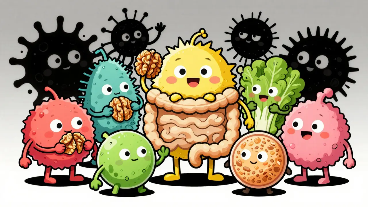 Friendly bacteria characters eating healthy foods like walnuts.
