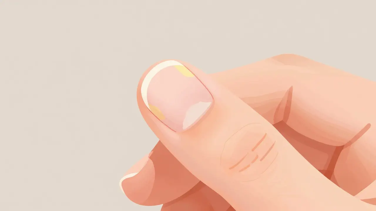 Graphic illustration of a fingernail showing discoloration and separation from the nail bed.