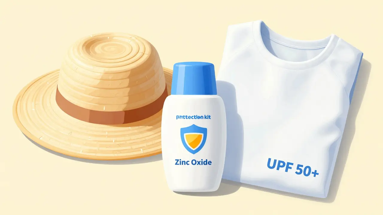 Illustration of a wide-brimmed hat, mineral sunscreen, and UV-protective clothing.