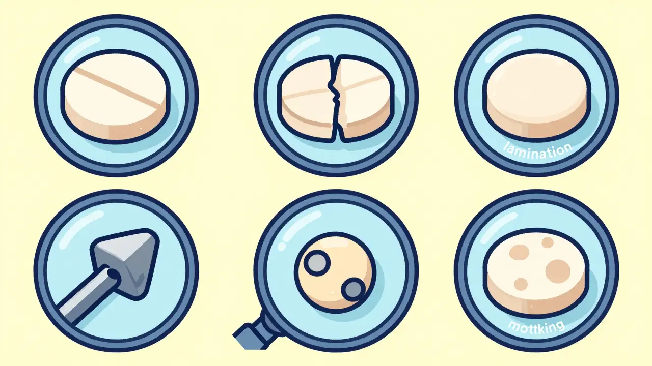 Illustrations of tablet defects including capping, lamination, sticking, and mottling