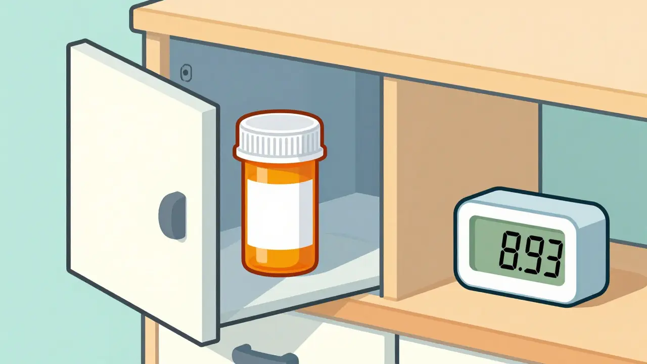 Medicine bottle stored safely in a dry kitchen cabinet next to a clock