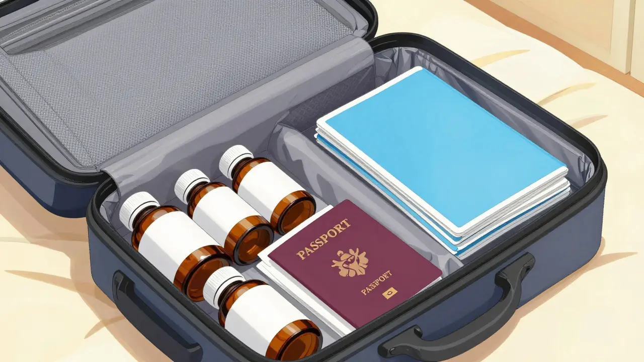 Open carry-on bag with original pharmacy medicine bottles and a passport