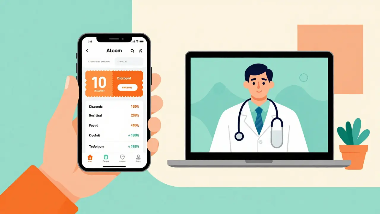 Smartphone with a discount app and a telehealth doctor on a tablet screen