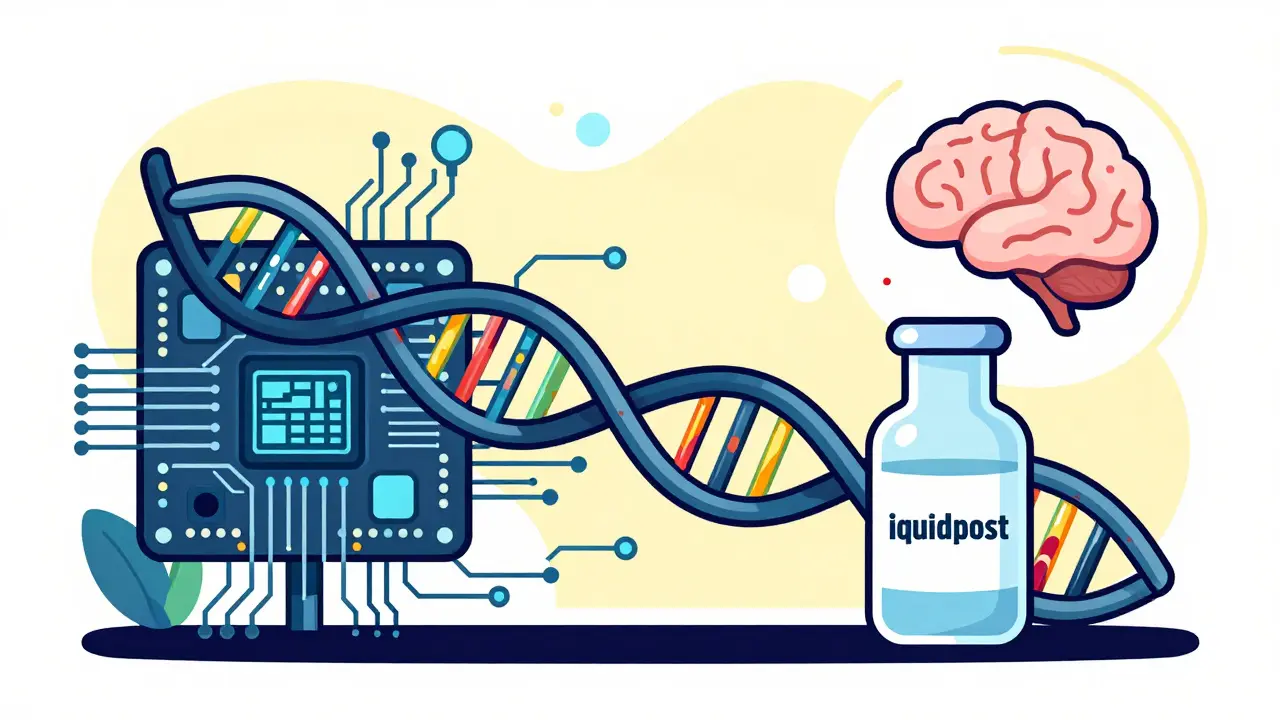 Stylized illustration of AI and genetic targeting in cancer treatment