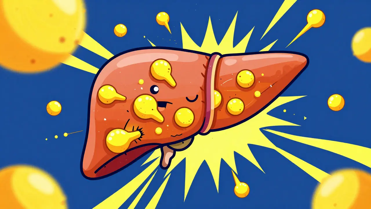 Stylized liver being flooded by yellow curcumin and black piperine molecules