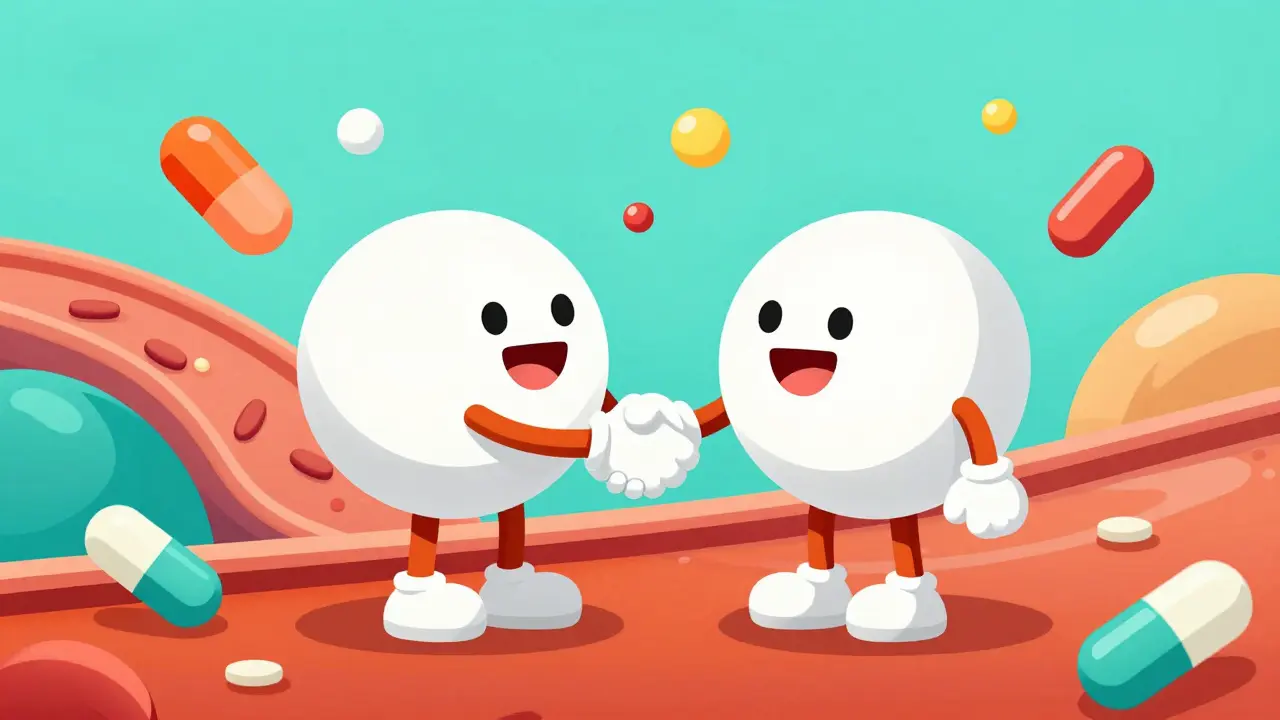 Stylized molecules interacting in the bloodstream with colorful inactive filler bubbles.