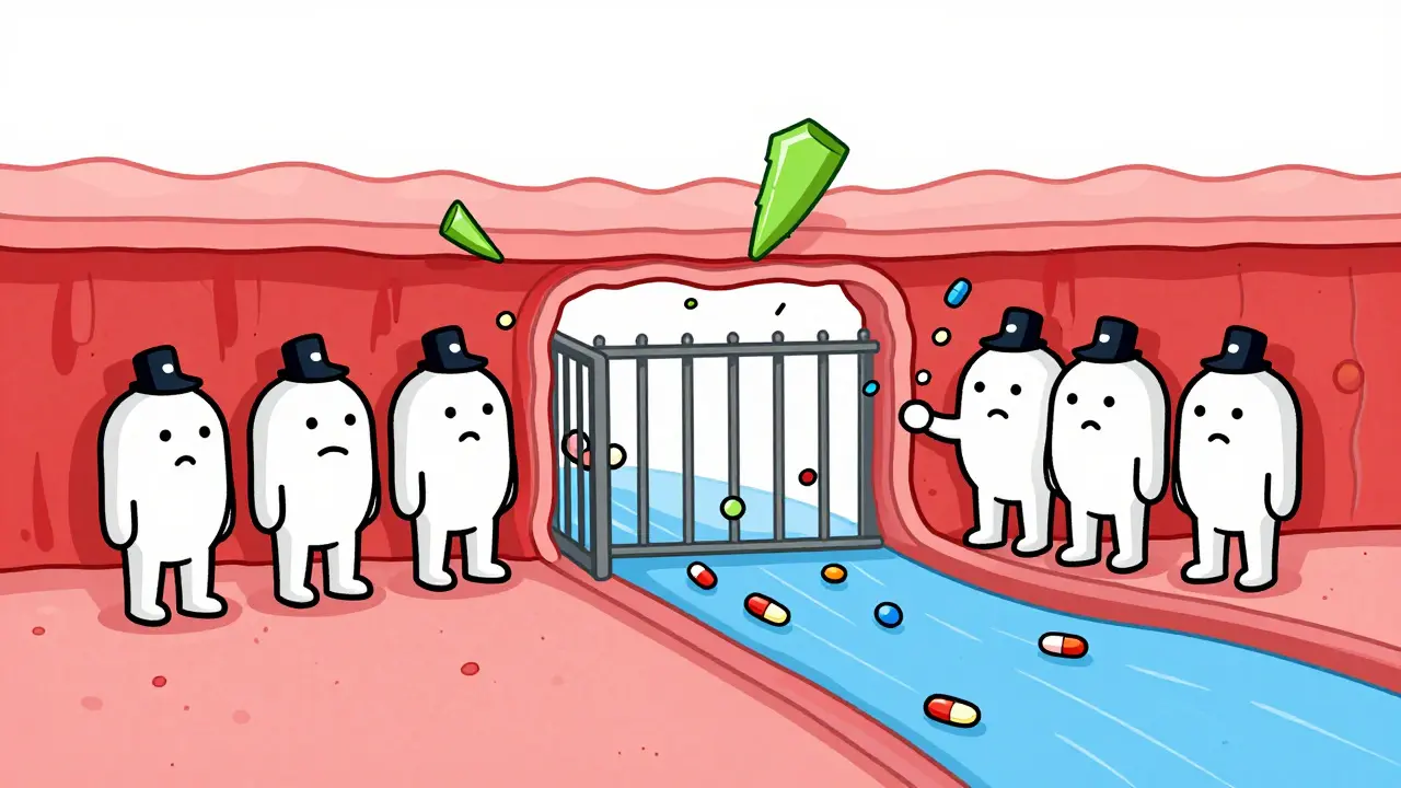 Cartoon enzymes blocked by grapefruit compounds letting drugs pass