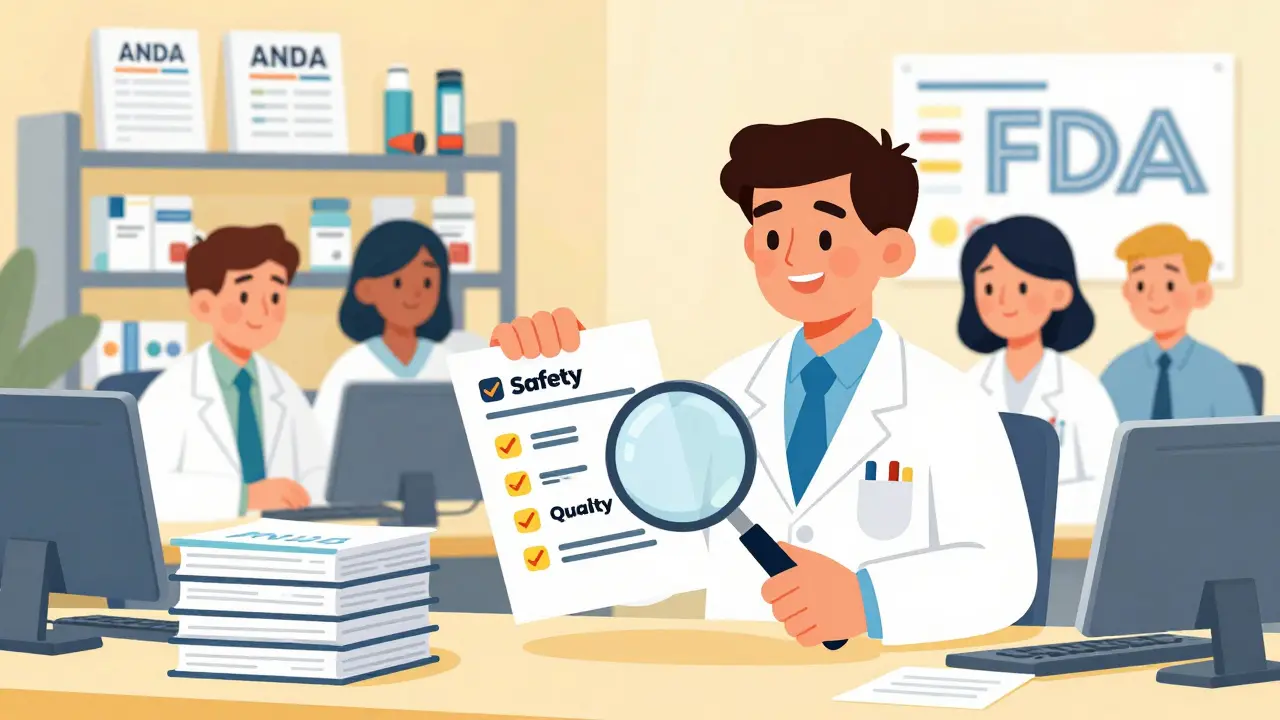 Cartoon of FDA scientists reviewing generic drug applications and safety checklists