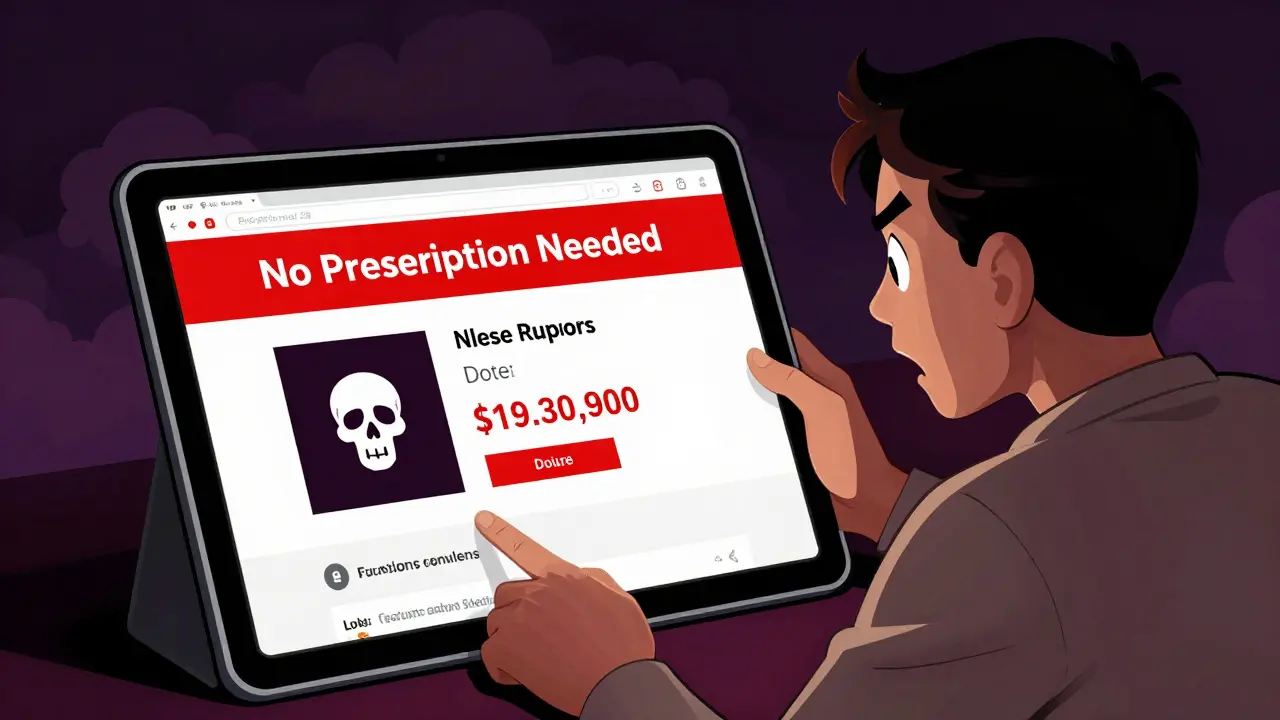 Cartoon of person avoiding illegal online pharmacy with red flags