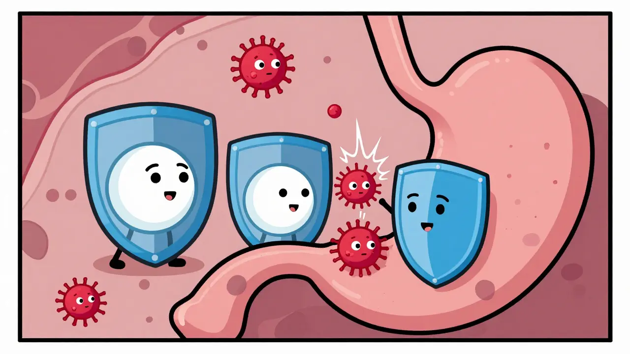 Cartoon stomach cells fighting bacteria with shields