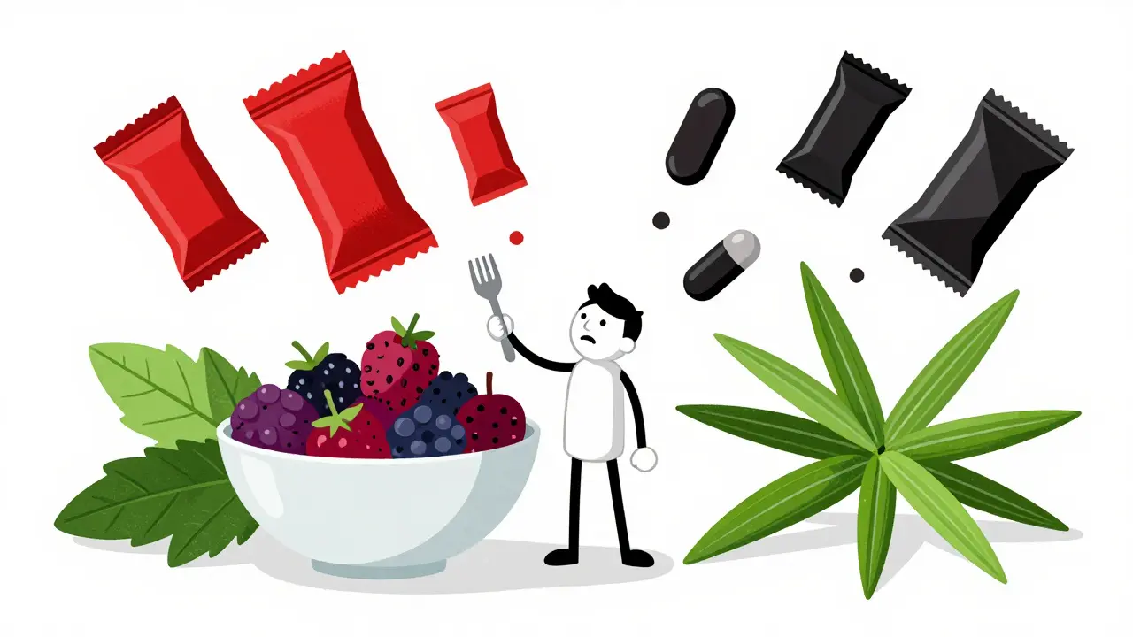 Comparison of natural berries versus artificial sweetener packets in cartoon style