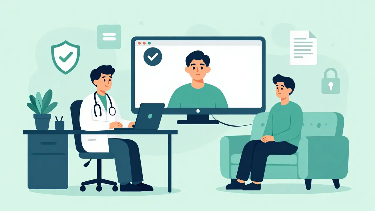 Doctor and patient connected via secure telehealth video call