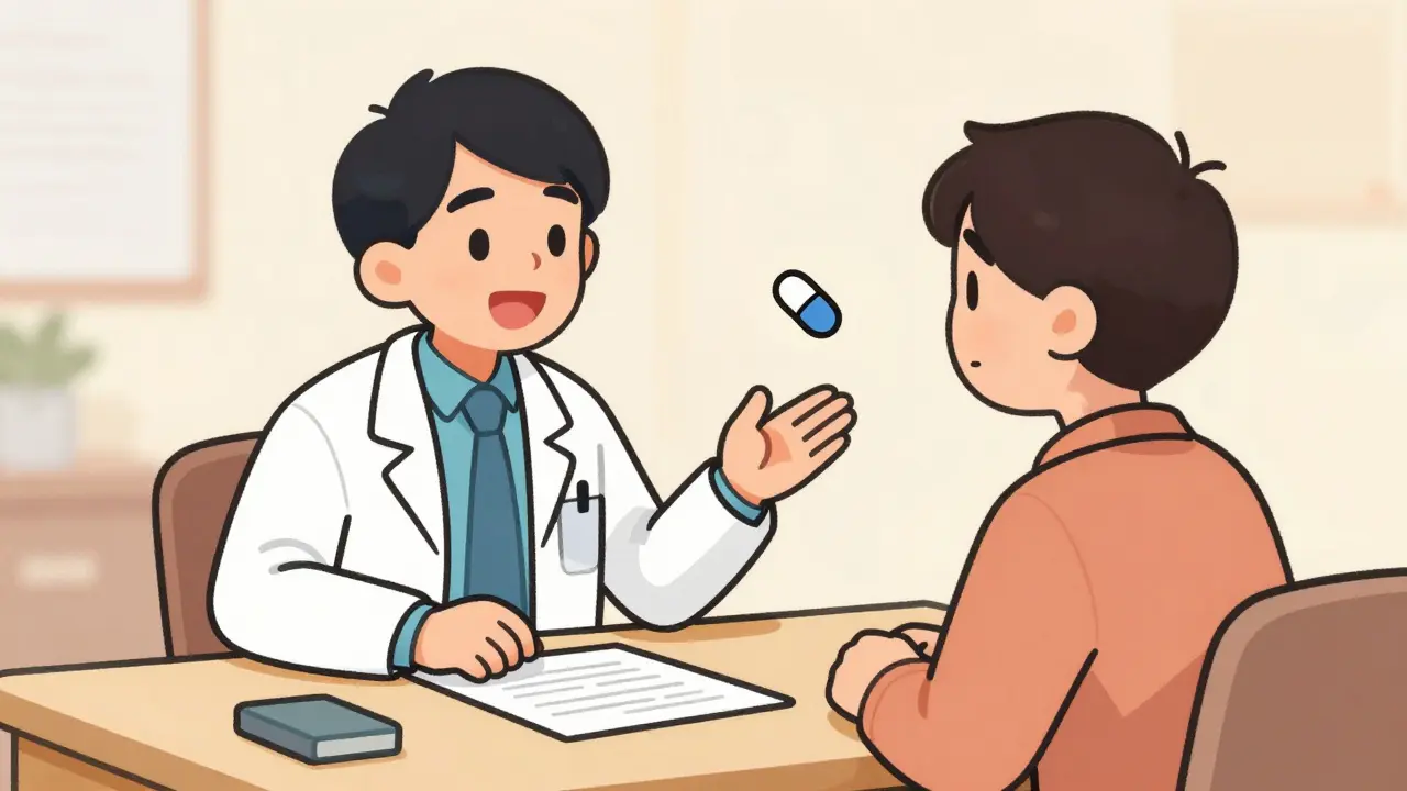 Doctor and patient discussing medication switch with reassurance