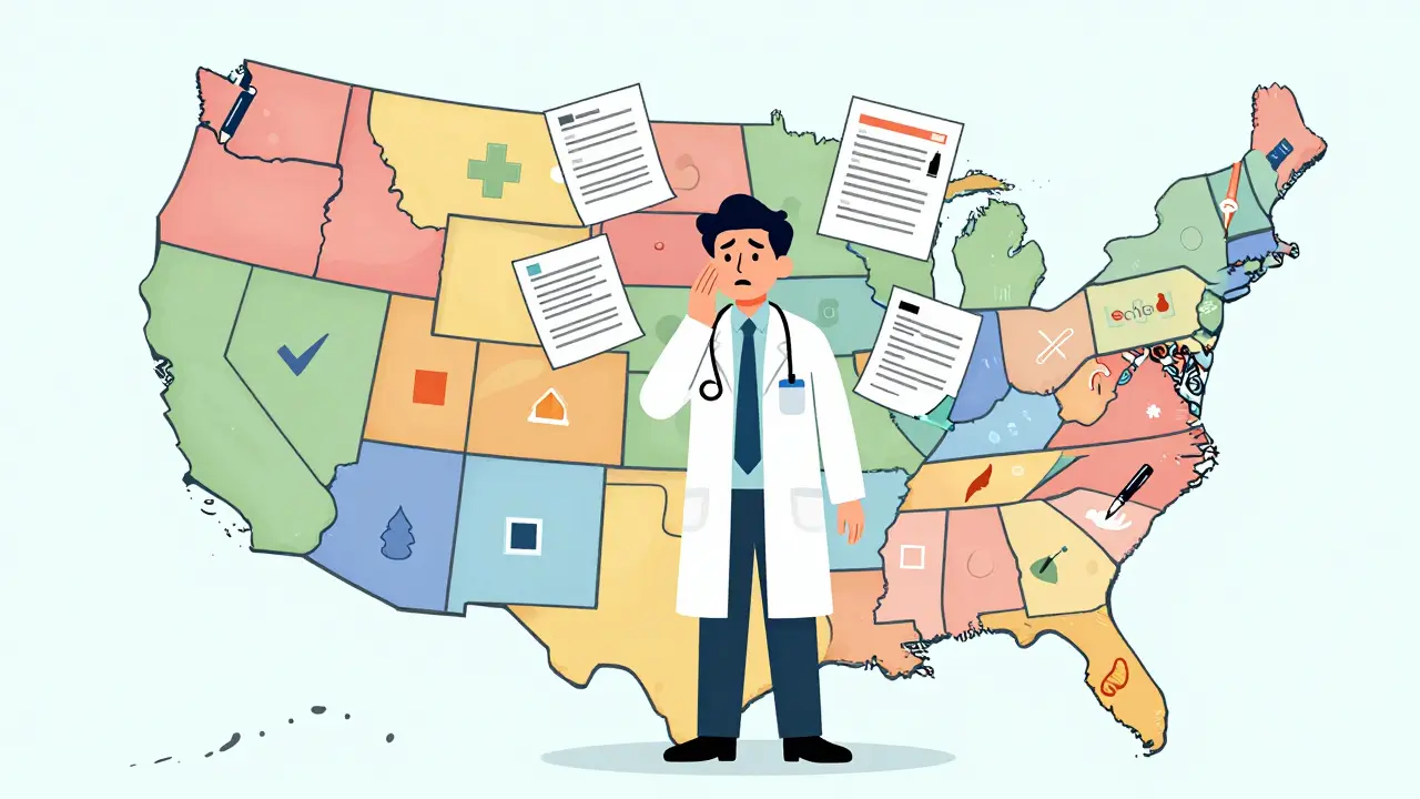 Doctor looking at a patchwork US map representing complex state drug laws.