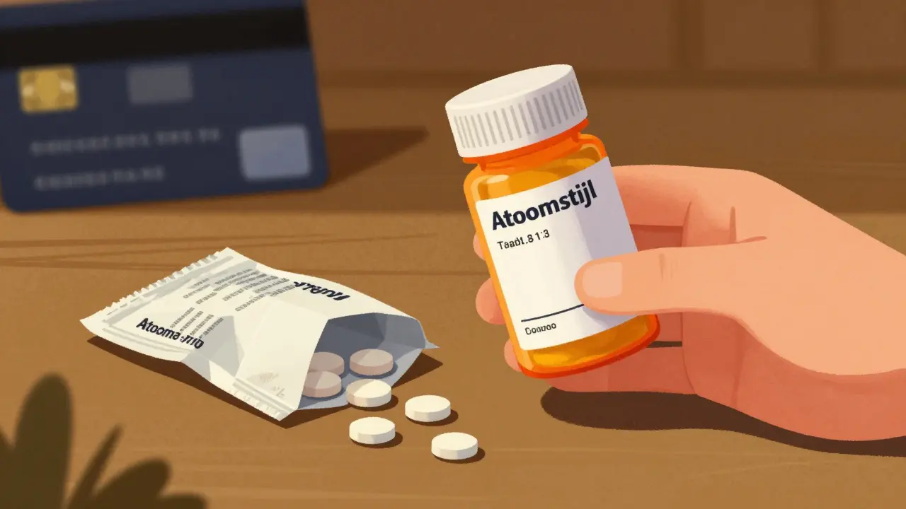 Hand holding authentic medicine bottle next to fake package