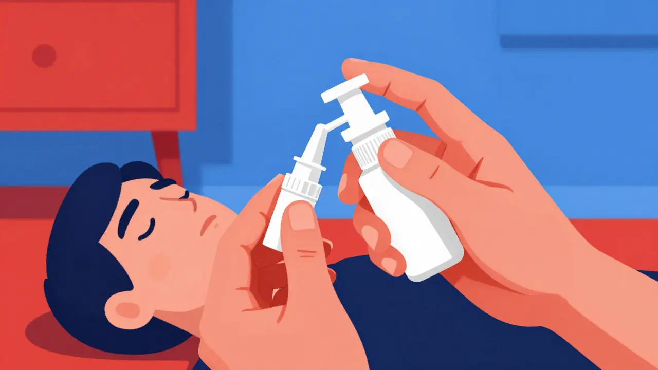 Hands administering nasal naloxone spray to unconscious person