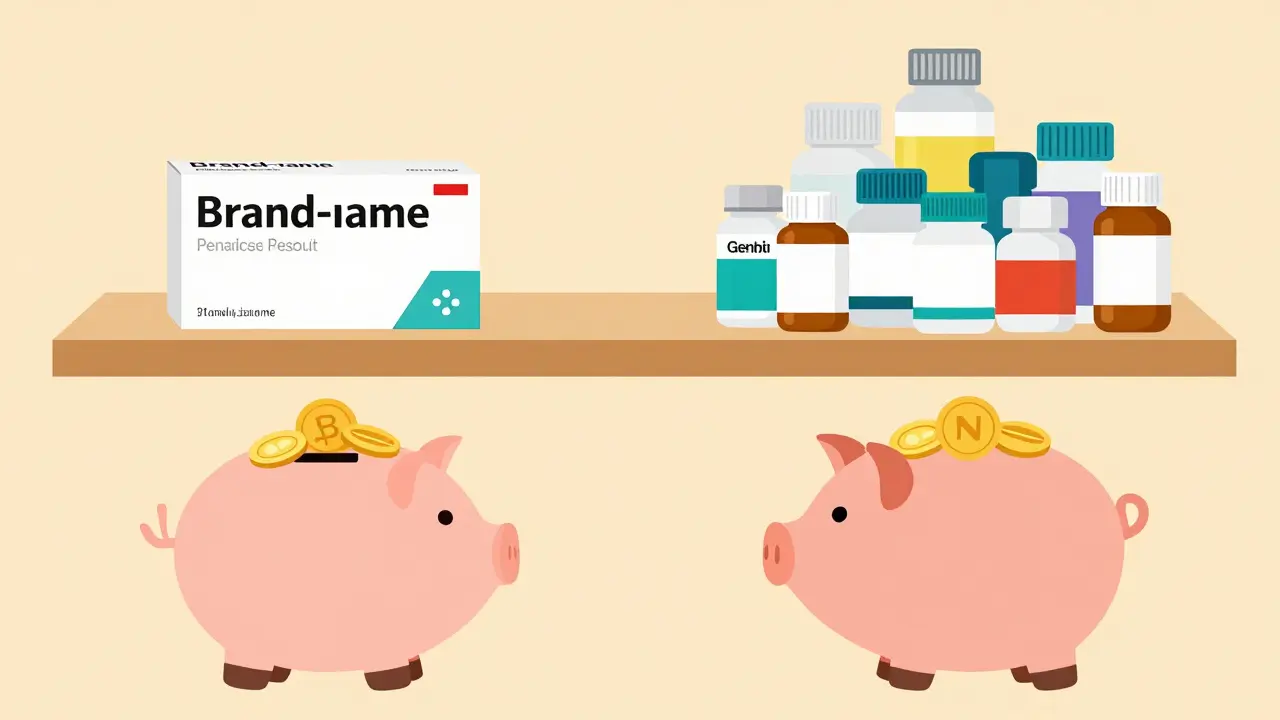 Illustration comparing expensive brand drugs with affordable generics saving money.