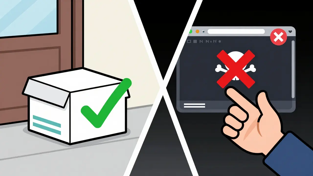 Illustration comparing safe pharmacy delivery vs fake sites