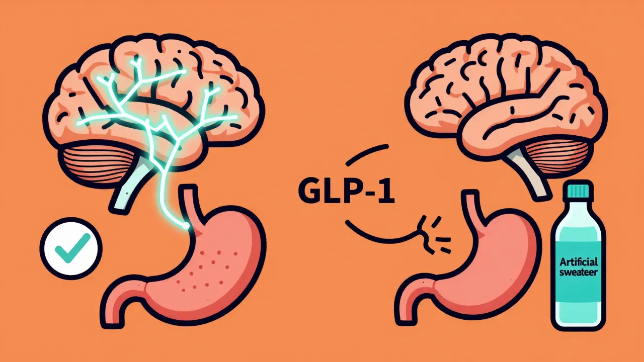 Illustration showing how artificial sweeteners disrupt brain-stomach hunger signals