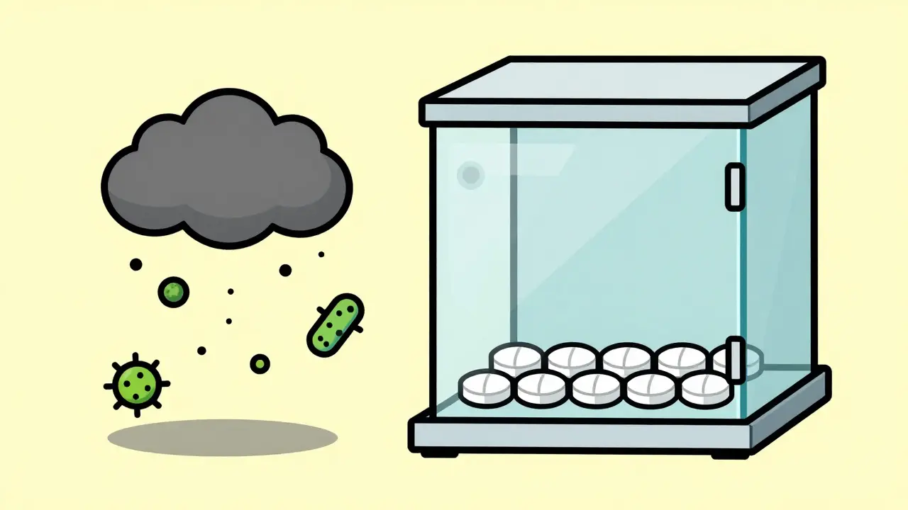 Illustration showing microbes blocked from entering a clean pill chamber