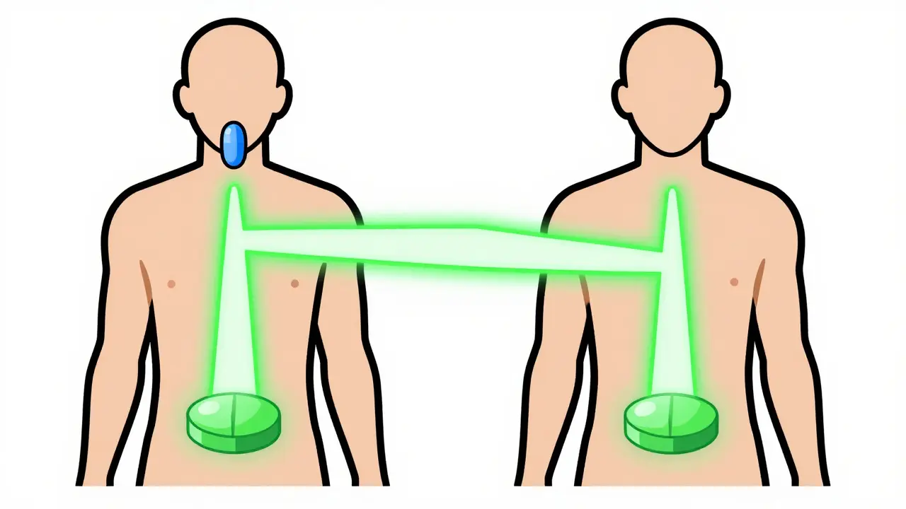 Illustration showing two bodies absorbing brand and generic drugs at identical speeds