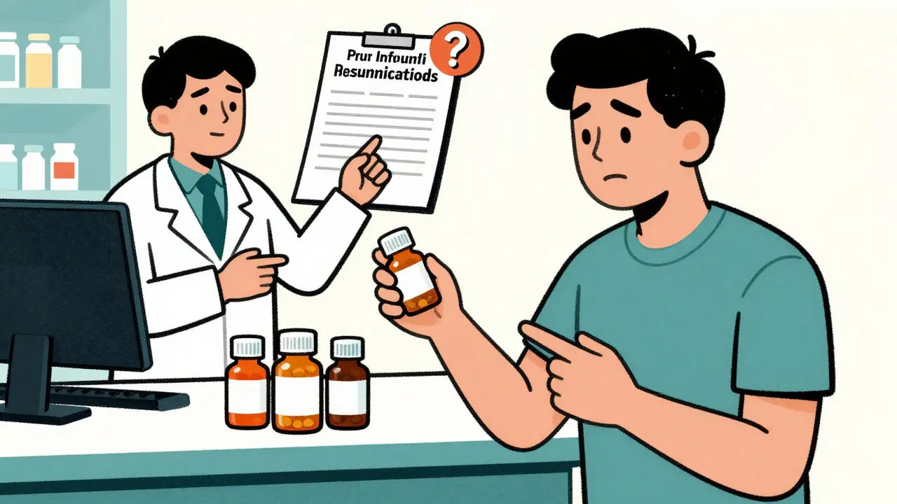 Patient comparing combo pill vs generics at pharmacy