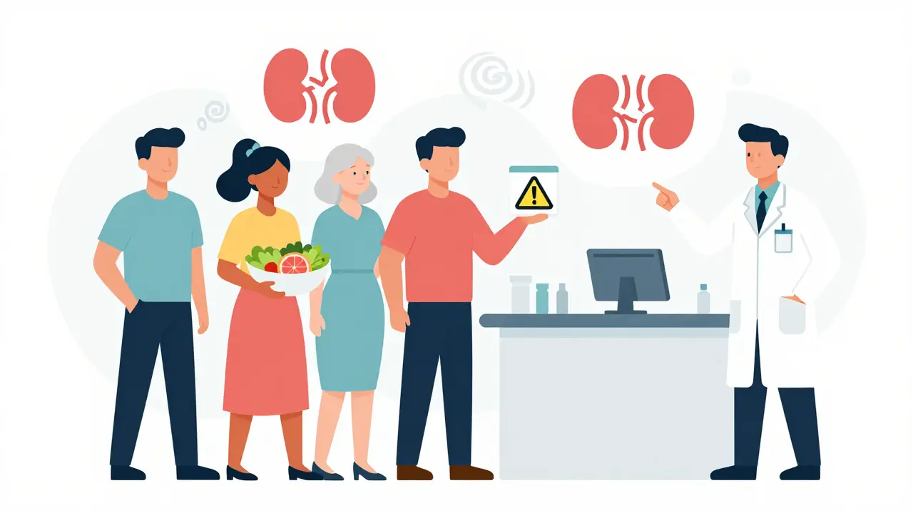 Pharmacist advising patient about grapefruit and medication risks