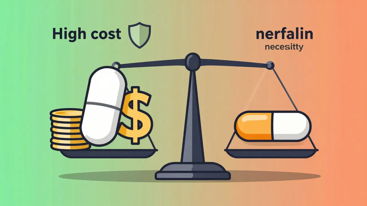 Scale weighing expensive brand pill against generic, showing cost and safety.